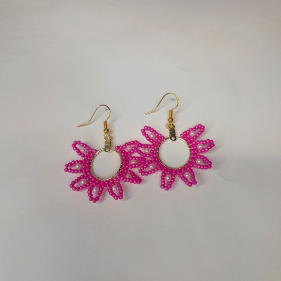 Pink and Gold Bohemian Crochet Earrings - Picture 1 of 2